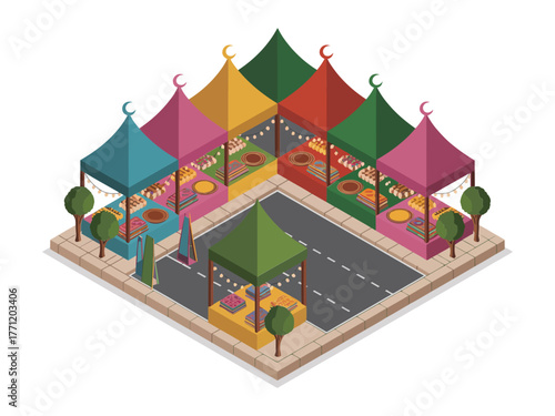 Street festival market, colorful tent stalls around crossroads, lantern posts and trees, community fairground scene, isometric vector graphic
