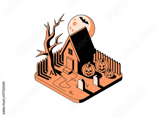 Isometric haunted house entrance, jack o lantern pumpkins, barren trees, full moon sky, eerie pathway, halloween night vector
