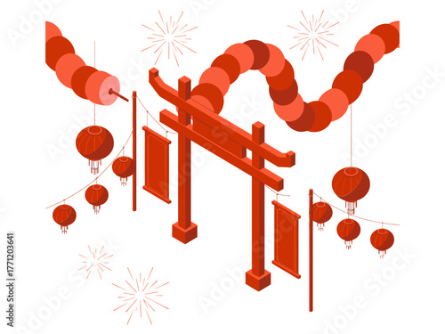 Grand festival portal, layered arches with hanging lanterns, flowing ribbon decorations, traditional celebration entry, isometric cultural vector