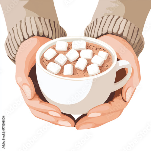 Hands in a cozy sweater holding a warm mug of hot chocolate with marshmallows