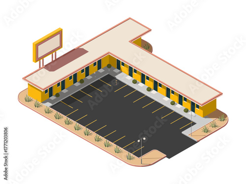 Isometric roadside motel complex with parking lot, empty spaces, office and rooms, travel stop lodging, detailed vector illustration