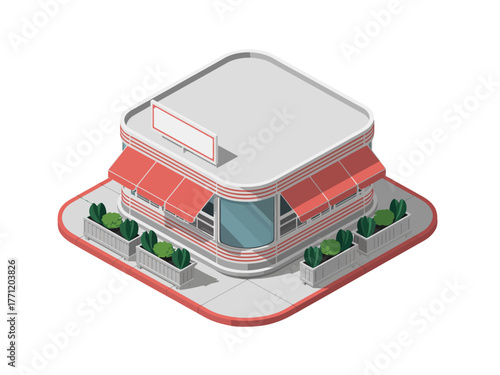 Isometric corner cafe building, red awnings, glass storefront, rooftop sign, planters and walkway, urban street scene, vector