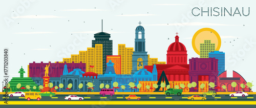 Chisinau Moldova City Skyline with color Buildings and Blue Sky. Illustration. Business Travel and Tourism Concept with Historic Architecture. Chisinau Cityscape with Landmarks.