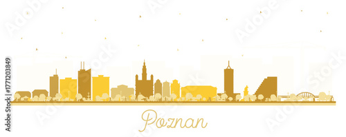 Poznan Poland City Skyline silhouette with golden Buildings isolated on white. Illustration. Poznan Cityscape with Landmarks. Business Travel and Tourism Concept with Historic Architecture.