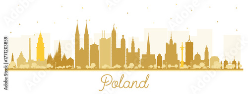 Poland City Skyline silhouette with golden Buildings isolated on white. Illustration. Concept with Modern Architecture. Poland Cityscape with Landmarks. Warsaw. Krakow. Lodz. Wroclaw. Poznan.