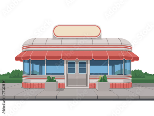 Front view classic diner facade, curved roof canopy, glass doors, planter boxes, roadside restaurant exterior, clean vector illustration