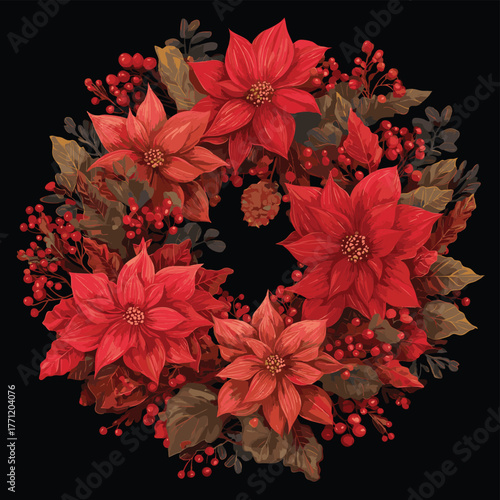 Poinsettia Wreath Vector Illustrations Interior Painting on the Theme of Christmas and New Year
