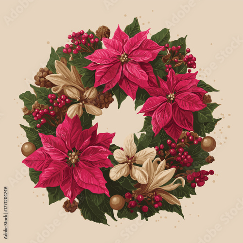 Poinsettia Wreath Vector Illustrations Interior Painting on the Theme of Christmas and New Year