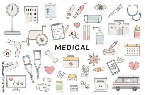 医療　落書き風　病院　健康　ヘルス　メディカル　イラスト　ベクター　セット　白バック　線　注射