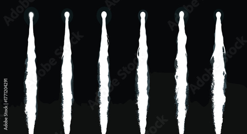 Rocket launch trails, missile vapor plumes, propulsion exhaust comparison, aerospace engineering concept, vertical smoke streams, black background, dramatic space illustration