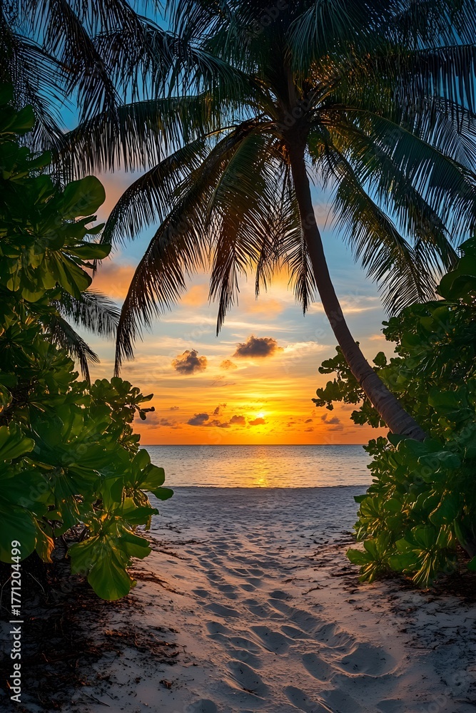 Fototapeta premium Tropical Sunset Beach Palm Trees Sand Footprints Orange Sky