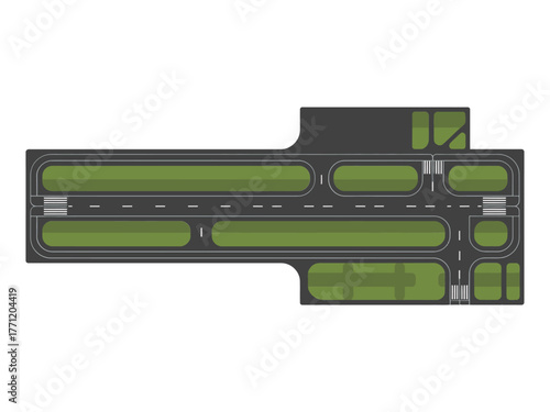 Airport runway layout top view, taxiway network, control road lanes, aviation infrastructure plan, map tile vector illustration