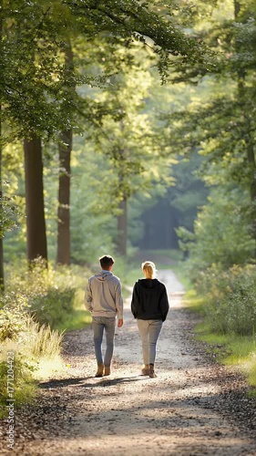 Couple walking along forest path under sunlight