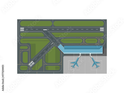 Airfield plan with terminal gates, intersecting runways, taxiing paths, airplane silhouettes, transportation infrastructure map, vector illustration