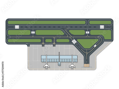 Airport map with terminal building, runways and taxiways, parking apron, aviation schematic layout, transport vector illustration