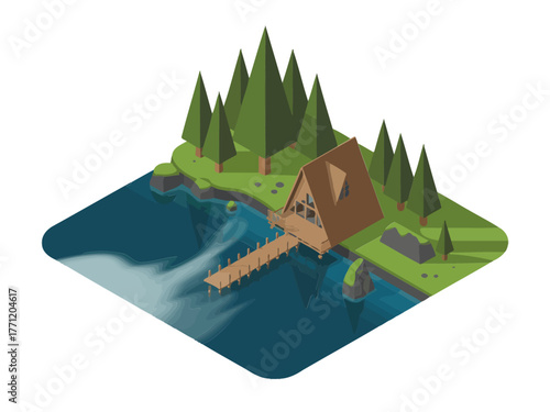 Forest lake cabin at dusk, wooden pier reflection, evergreen valley, tranquil camping getaway, scenic isometric landscape vector