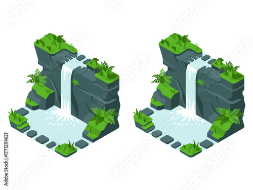 Twin waterfalls among jungle cliffs, lush plants, stone pools, tropical nature scene, adventure travel destination, isometric vector illustration