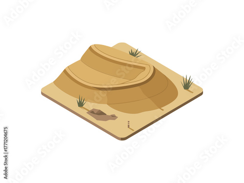 Sandy desert mesa, wind carved layers, soft dunes, sparse grasses, minimalist terrain tile, isometric landscape element, expedition vector