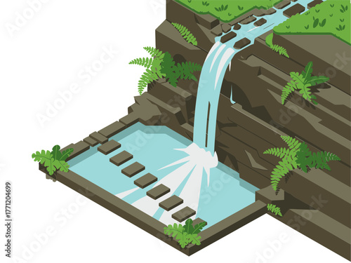 Mountain waterfall, stepping stone pathway, square plunge pool, ferns and vines, eco trail attraction, isometric landscape, travel vector