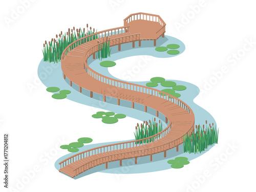 Serpentine marsh walkway, timber boardwalk with railings, looping water channel, reeds and grasses, isometric park illustration, vector
