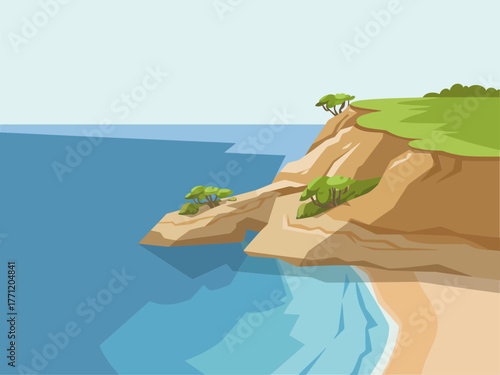 Ocean viewpoint illustration, high cliff over blue water, distant islands, scenic panorama, summer travel poster style, vector graphic