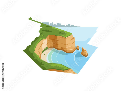 Isometric coastal landscape, rocky sea cliff, sandy beach strip, crystal water, travel destination tile, nature tourism vector