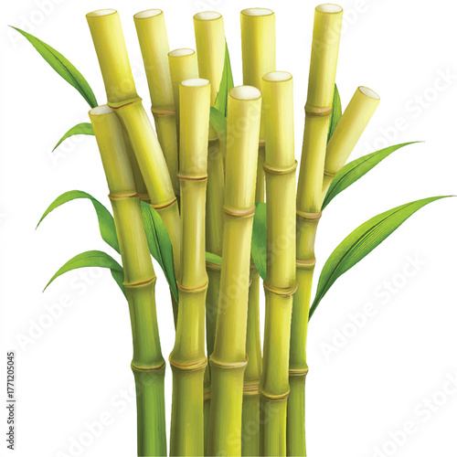 Green bamboo stalks with leaves growing in a natural environment.