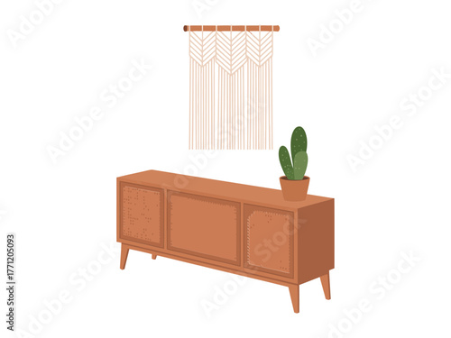 Mid century sideboard cabinet, wooden console with planter, macrame wall hanging, minimalist home decor, neutral colors, vector illustration