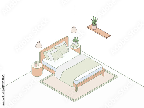 Isometric minimalist bedroom interior, modern bed with pillows, pendant lights, indoor plant, floating shelf, clean vector illustration