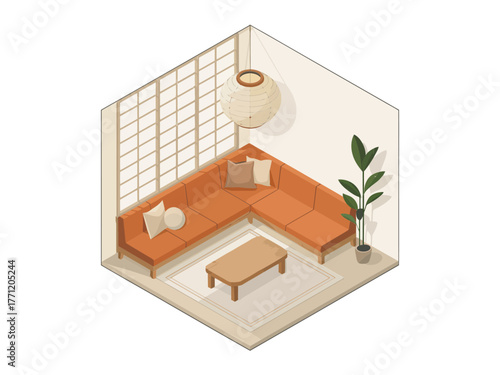 Isometric modern lounge interior, sofa with cushions, floor lamp, indoor plant, wood flooring, contemporary home design vector