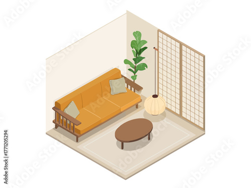 Isometric small living area, corner sofa and round table, paper screen wall, lamp, potted plant, minimalist home vector