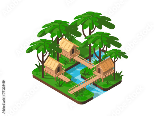 Isometric tropical bungalow village, palm trees and wooden huts, streams, footbridges, island retreat concept, vacation resort vector illustration