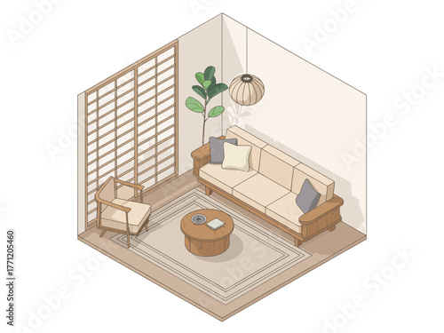 Isometric cozy living room scene, sofa and rug, wooden coffee table, paper screen divider, houseplant, elegant vector illustration