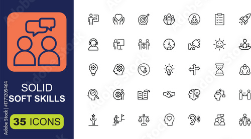 Soft skills line icon set. Including Communication, Problem solving, Adaptability, Creativity, Time Management, Listening, Negotiation, Persuasion, Patience, Positivity. line art vector illustration