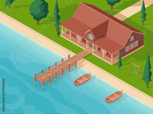 Isometric lakeside guesthouse, dock with rowing boats, riverside walkway, park trees, weekend getaway, cozy waterfront home vector illustration
