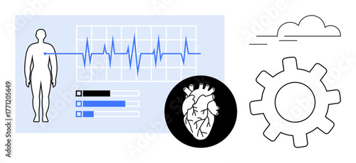 Human figure alongside ECG line, heart anatomy, and gear with clouds, representing health tracking, diagnostics, progress, technology, innovation science and cardiology. Ideal for health-tech