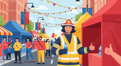 Community event with a firefighter and street fair amidst colorful cityscape