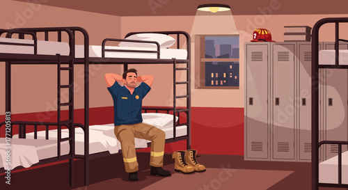 A Weary Firefighter Rests in Quarters, Contemplating His Service and Next Call