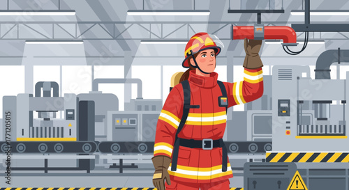 Female firefighter inspects a fire suppression system in industrial factory
