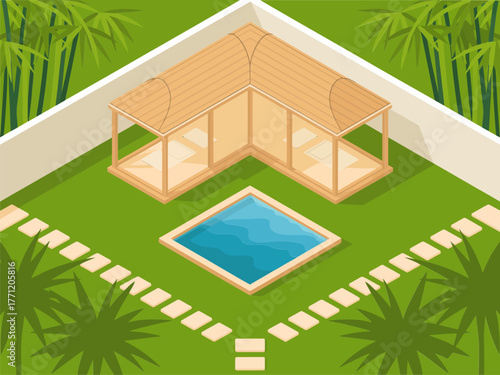 Isometric tropical pavilion courtyard, wooden gazebo with plunge pool, palm garden landscape, stepping stone path, relaxing resort scene