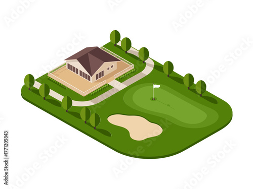 Golf course with residence, sand bunker hazards, driving range markers, lush fairway, countryside sports complex, isometric landscape design