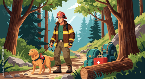 Dedicated rescue team navigating through the serene wilderness with canine partner