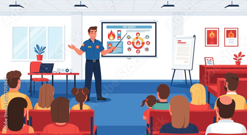 Firefighter conducts fire safety training for students in auditorium illustration