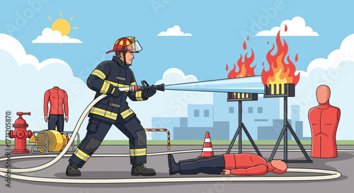 Firefighter demonstrates extinguishing techniques during safety training exercise