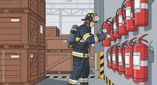 Firefighter ensuring readiness by diligently inspecting fire extinguishers in storage
