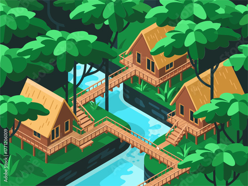 Forest river lodge, wooden huts on stilts, bridge walkways, tropical greenery, eco resort retreat, isometric travel vector