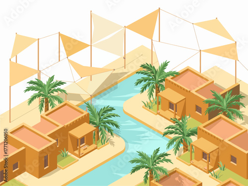Oasis village lodging, modern shade canopies, turquoise stream, clay houses, palm landscaping, inviting desert getaway, isometric illustration
