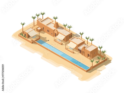 Sandy coast villas, beachfront canal, palm lined promenade, minimal luxury cabins, quiet vacation atmosphere, isometric resort vector