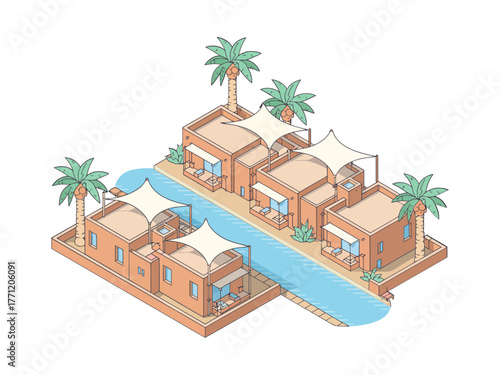 Waterfront bungalow complex, blue canal bridges, palm dotted courtyards, comfortable holiday cottages, tropical destination, isometric travel vector