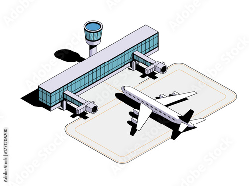 Isometric airport apron, large airplane boarding, glass terminal building, air traffic control tower, modern aviation infrastructure, travel vector